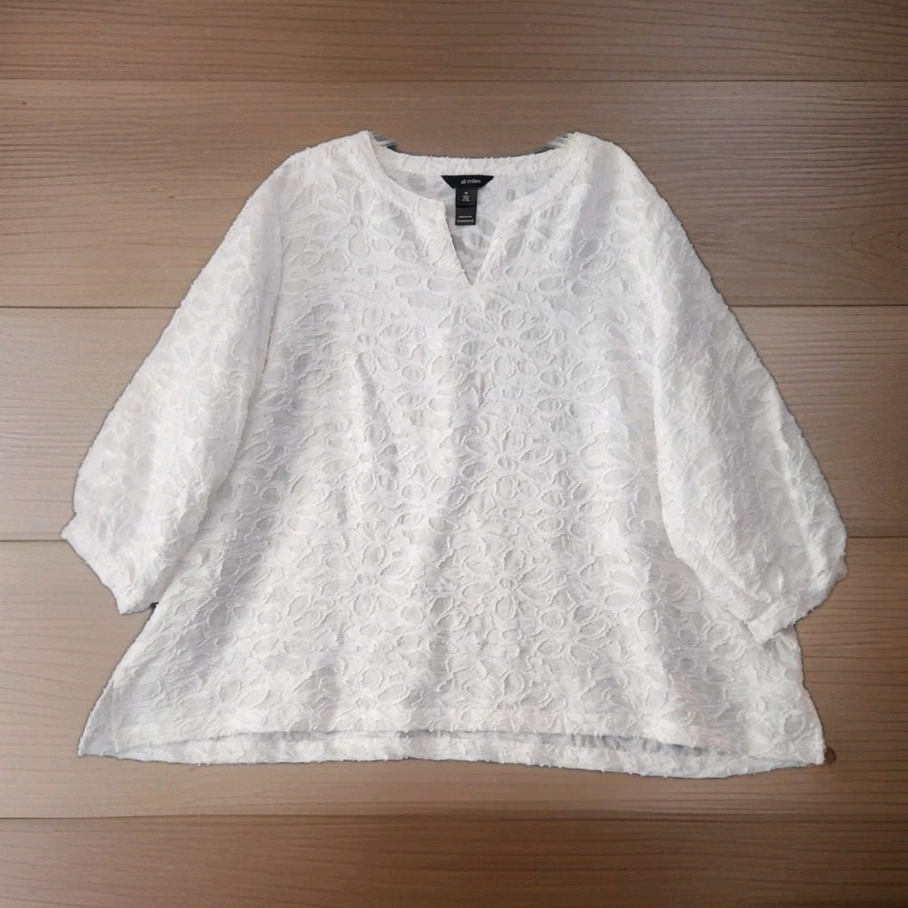 Ali Miles Womens 2X White Textured Floral Chenille Artsy 3/4 Sleeve Popover NWT
